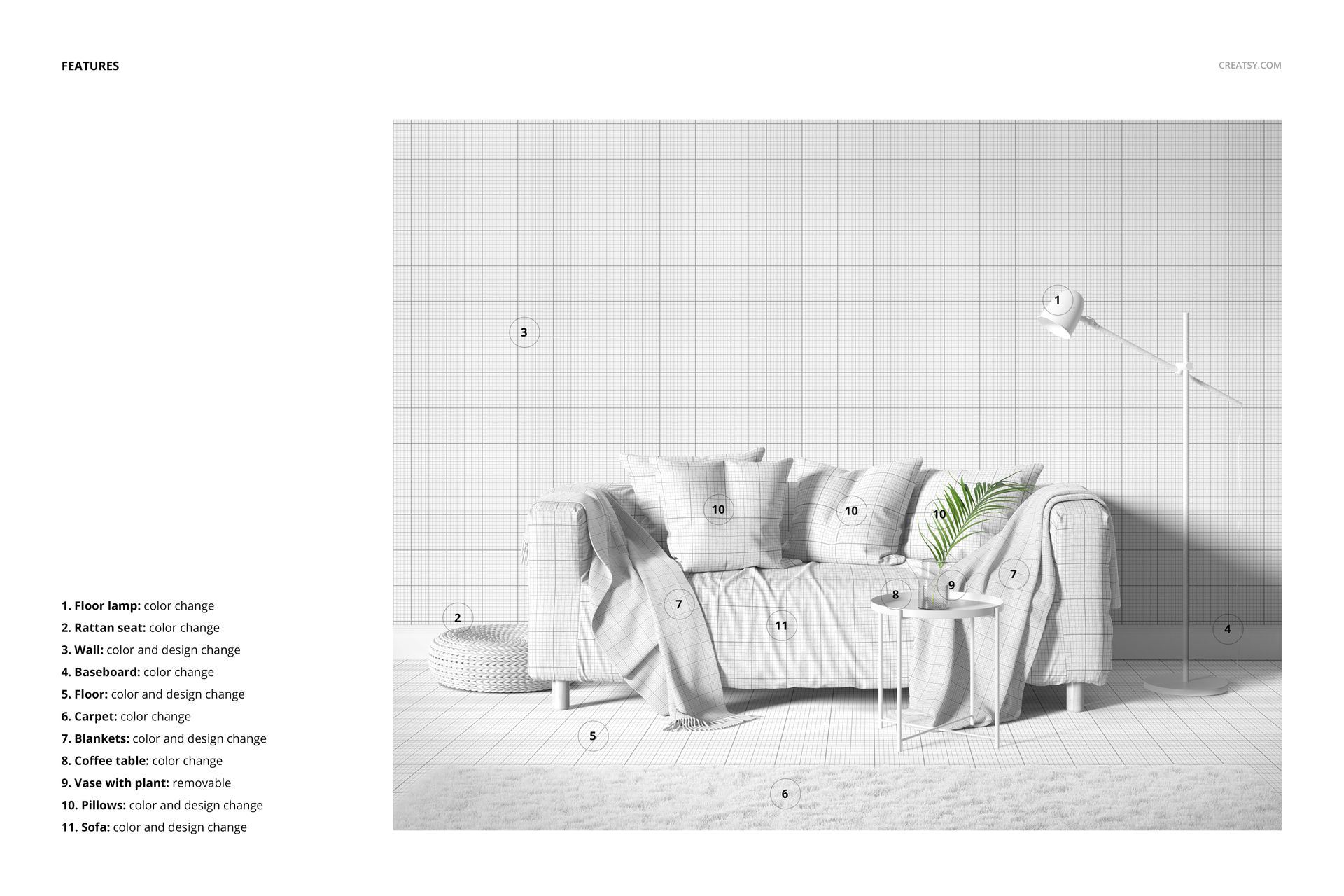 Front view of a modern living room mockup featuring a sofa with pillows, a side table, and wall grid wallpaper.