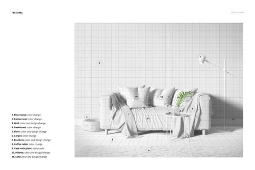 Front view of a modern living room mockup featuring a sofa with pillows, a side table, and wall grid wallpaper.