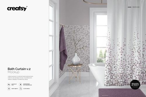 Modern bathroom scene featuring a white bath curtain with a gradient dot pattern, shown in a front view mockup.