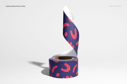 Noissue packing tape mockup featuring a partially unrolled tape with pink graphic pattern on a navy blue base, front angle.
