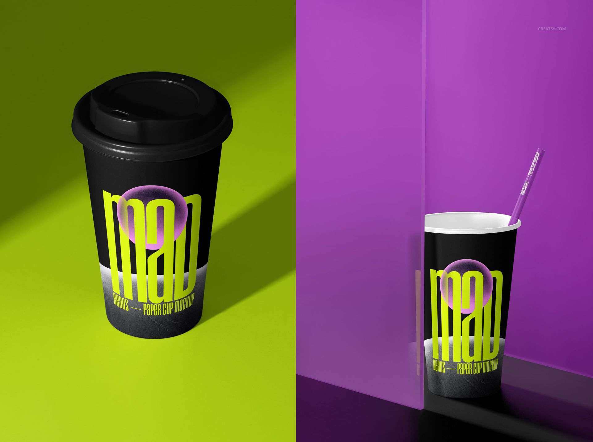 PSD mockup featuring two paper cups with modern graphic prints, set against contrasting lime and violet backgrounds.