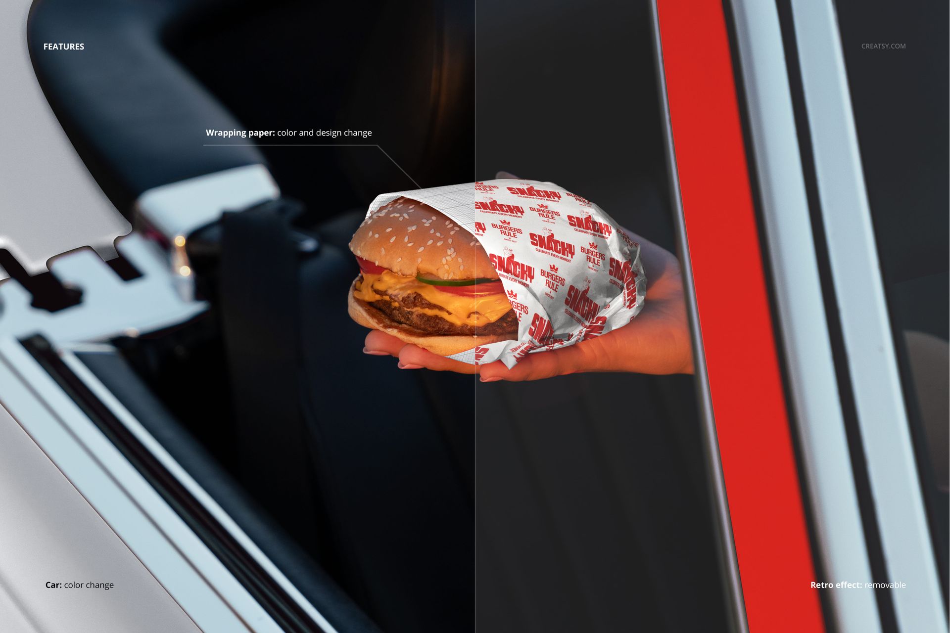 PSD mockup showing a burger in branded wrapping paper, positioned inside a modern convertible vehicle.