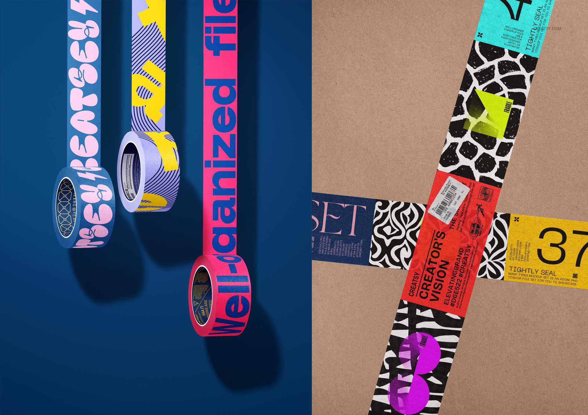 PSD mockup of packaging tape featuring various patterns and labels, arranged diagonally across a cardboard surface.