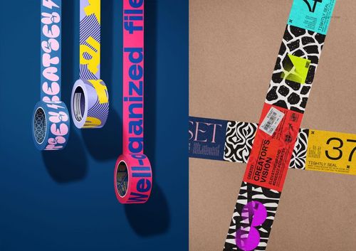 PSD mockup of packaging tape featuring various patterns and labels, arranged diagonally across a cardboard surface.