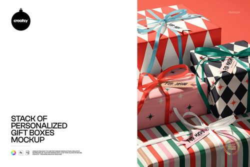 PSD mockup showing multiple wrapped gift boxes with decorative ribbons, geometric prints, and a festive presentation.