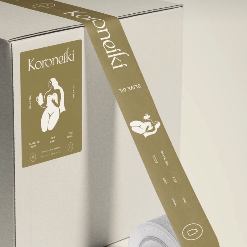 Shipping label mockup featuring a minimalist olive green label with line art and text on a cardboard box, viewed at an angle.