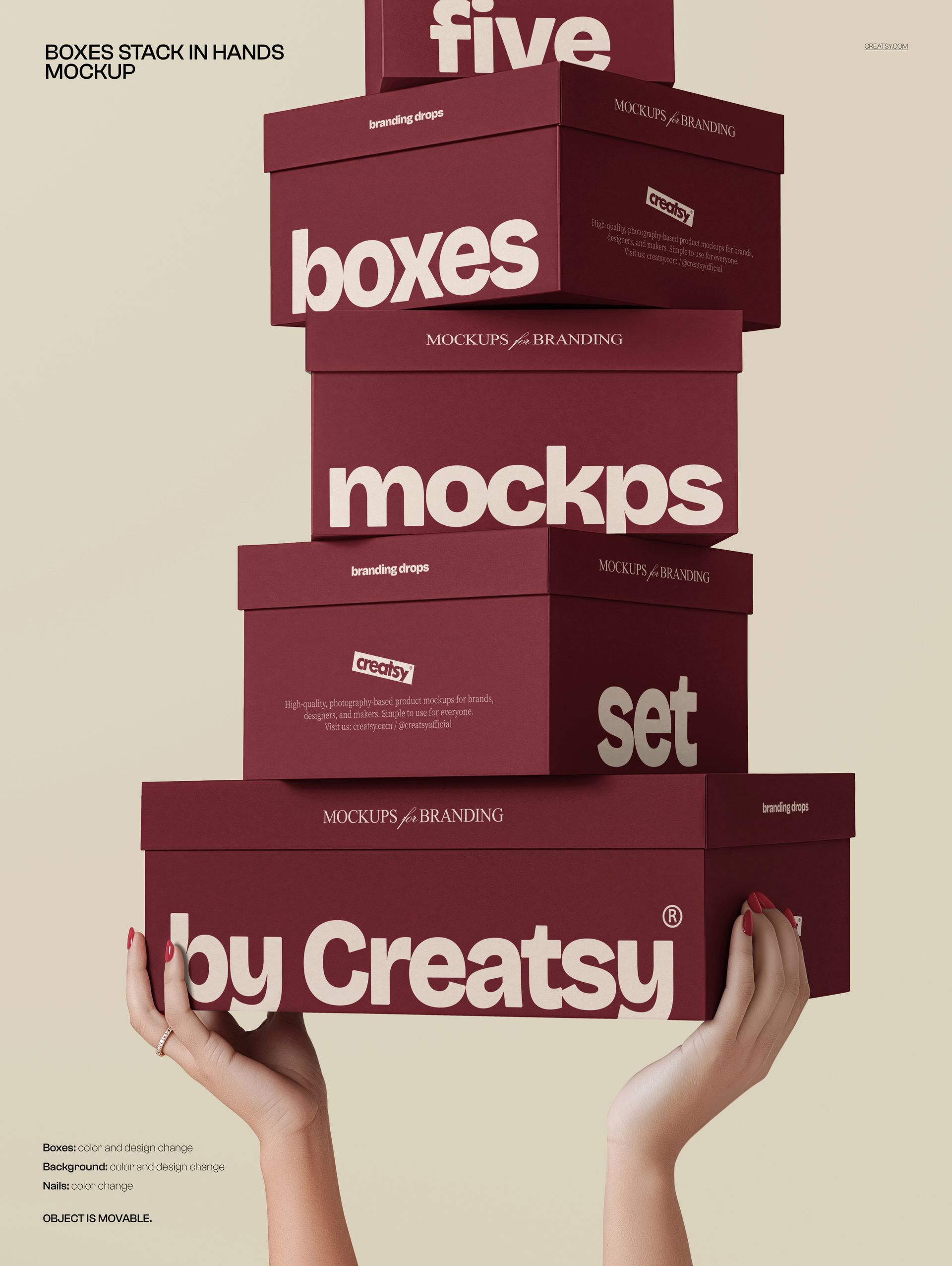 Stack of five maroon boxes with bold white text held by two hands, shown from a front view on a beige background.
