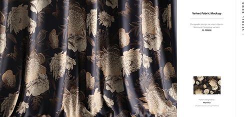 Close-up of luxurious velvet fabric mockup with intricate beige and gold flower designs and natural draping folds.