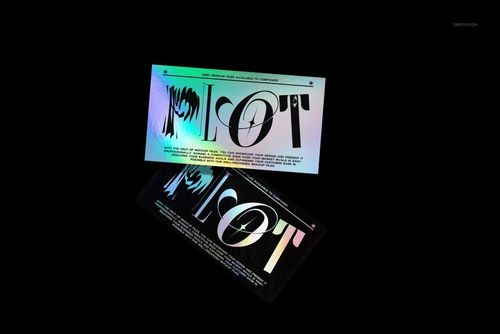 Holographic business card mockup featuring two rectangular cards with iridescent colors and large text on black.