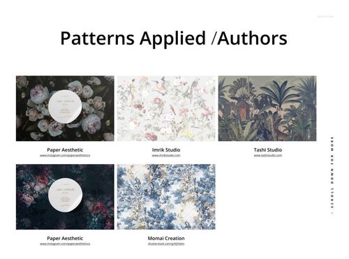 Six rectangular fabric mockups with various floral and botanical patterns, shown in a grid layout on a white background.