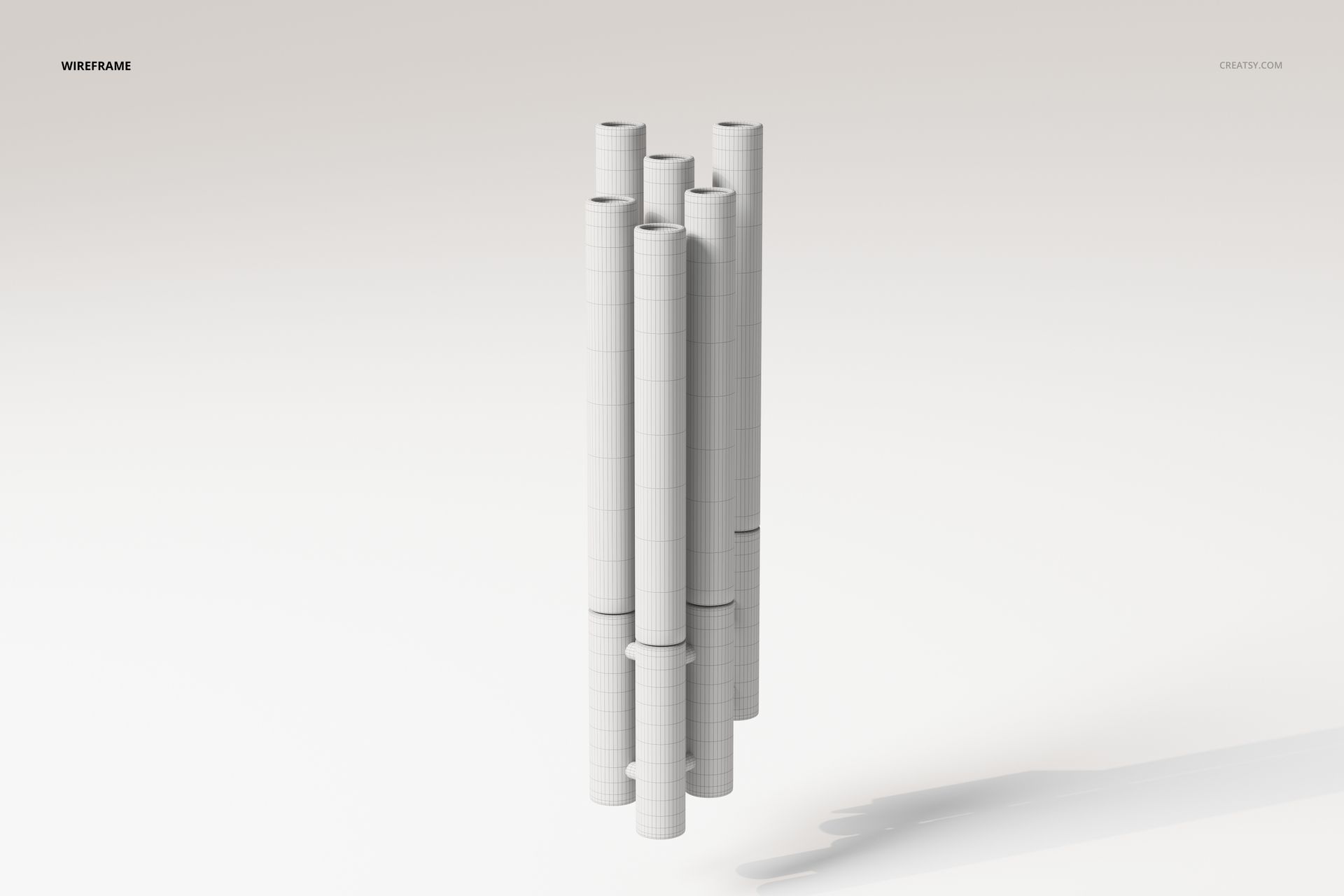Front view of a crystal glass wall lamp 3D model with cylindrical tubes arranged vertically on a plain background.