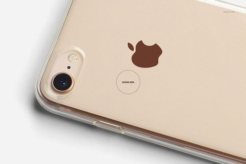 Detailed mockup of an iPhone 8 in a transparent case, highlighting the camera lens and Apple logo from a top angle.