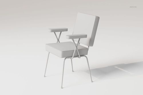Modern office chair with square seat and backrest, white upholstery, metal legs and armrests, angled side view.
