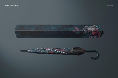 Umbrella mockup featuring a folded umbrella and coordinating box with dark floral design, displayed on gray background.