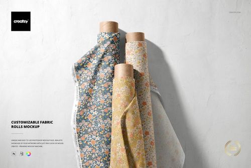 Vertical arrangement of three floral fabric rolls in blue, yellow, and white, displayed in a realistic PSD mockup.
