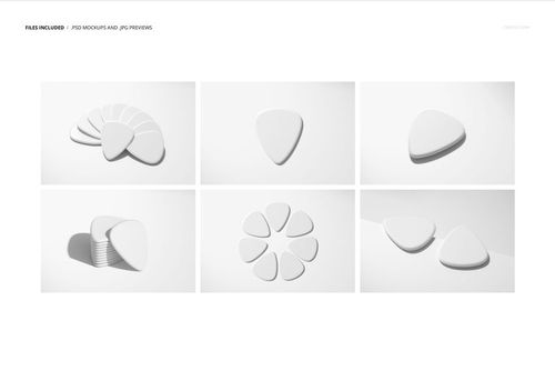 Six mockup scenes featuring blank white guitar picks in different layouts and perspectives on a white background.