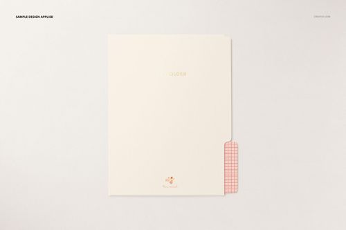 Stationery folder mockup featuring a minimalist cream cover, red checkered tab, and subtle floral accent below.