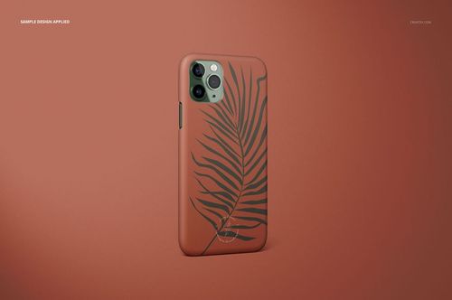 Matte snap case mockup for iPhone 11 Pro featuring a dark leaf pattern on a terracotta background, shown from the back.