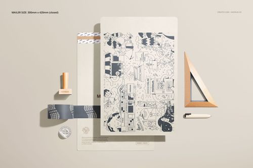 Flat lay of kraft mailer packaging mockup set with illustrated designs, ruler, pen, and stamp on beige background.