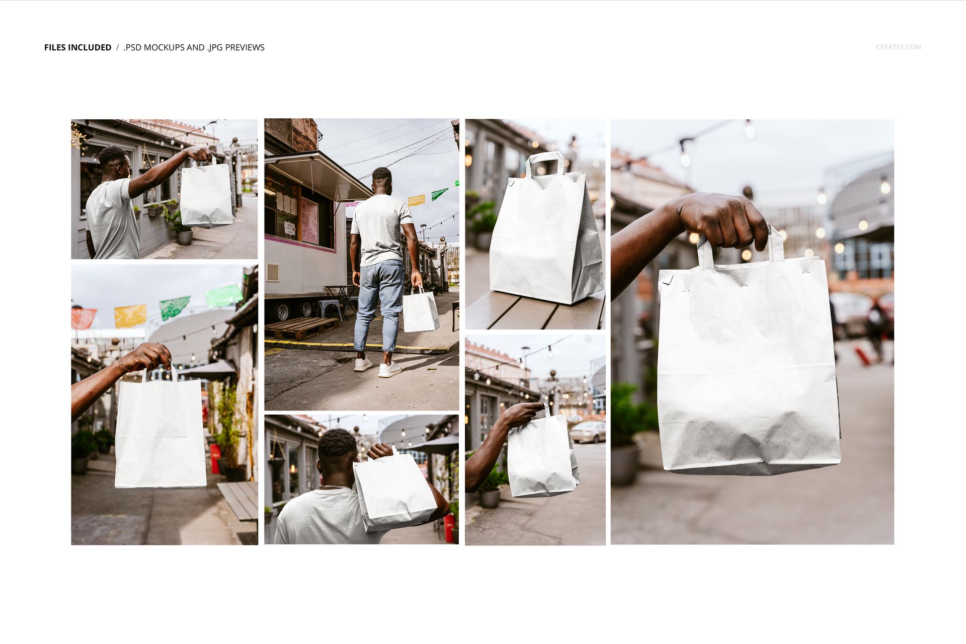 Multiple views of a white paper bag mockup being held outdoors, with urban street backgrounds and natural lighting.