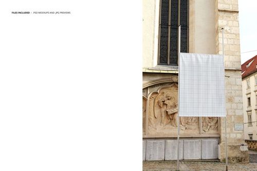 Outdoor poster mockup displayed on a metal stand in front of a historic stone building with ornate carvings.