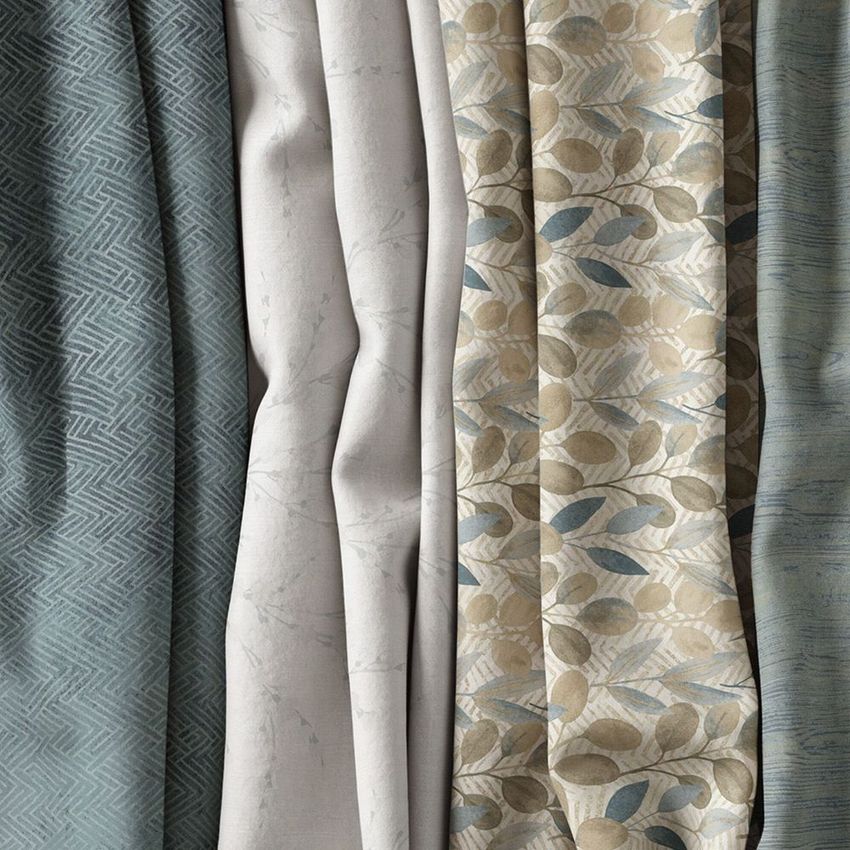 Creased fabrics mockup featuring five hanging fabric panels with various patterns and colors, viewed from the front.