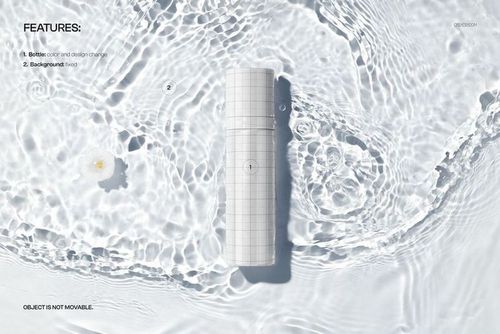 Serum pump bottle mockup with grid pattern, viewed from above, floating on clear rippling water background.