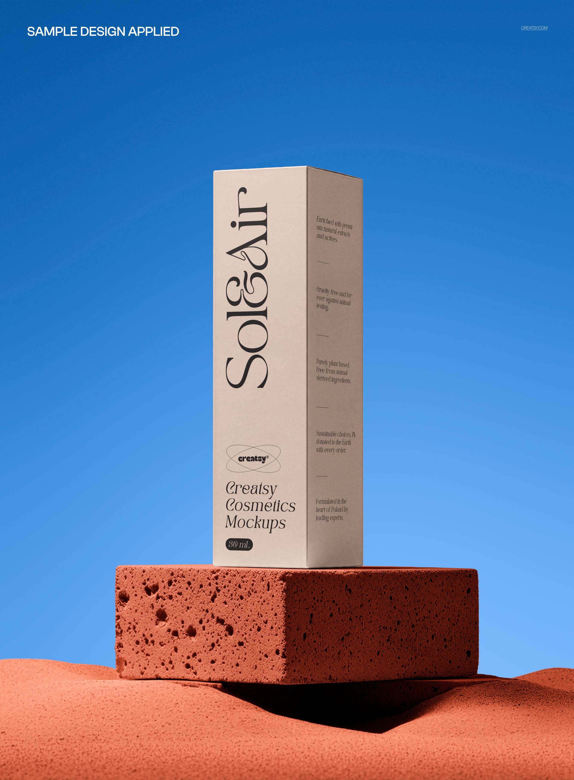 Front view of a skincare packaging box mockup placed on a reddish brick pedestal with a clear blue backdrop.