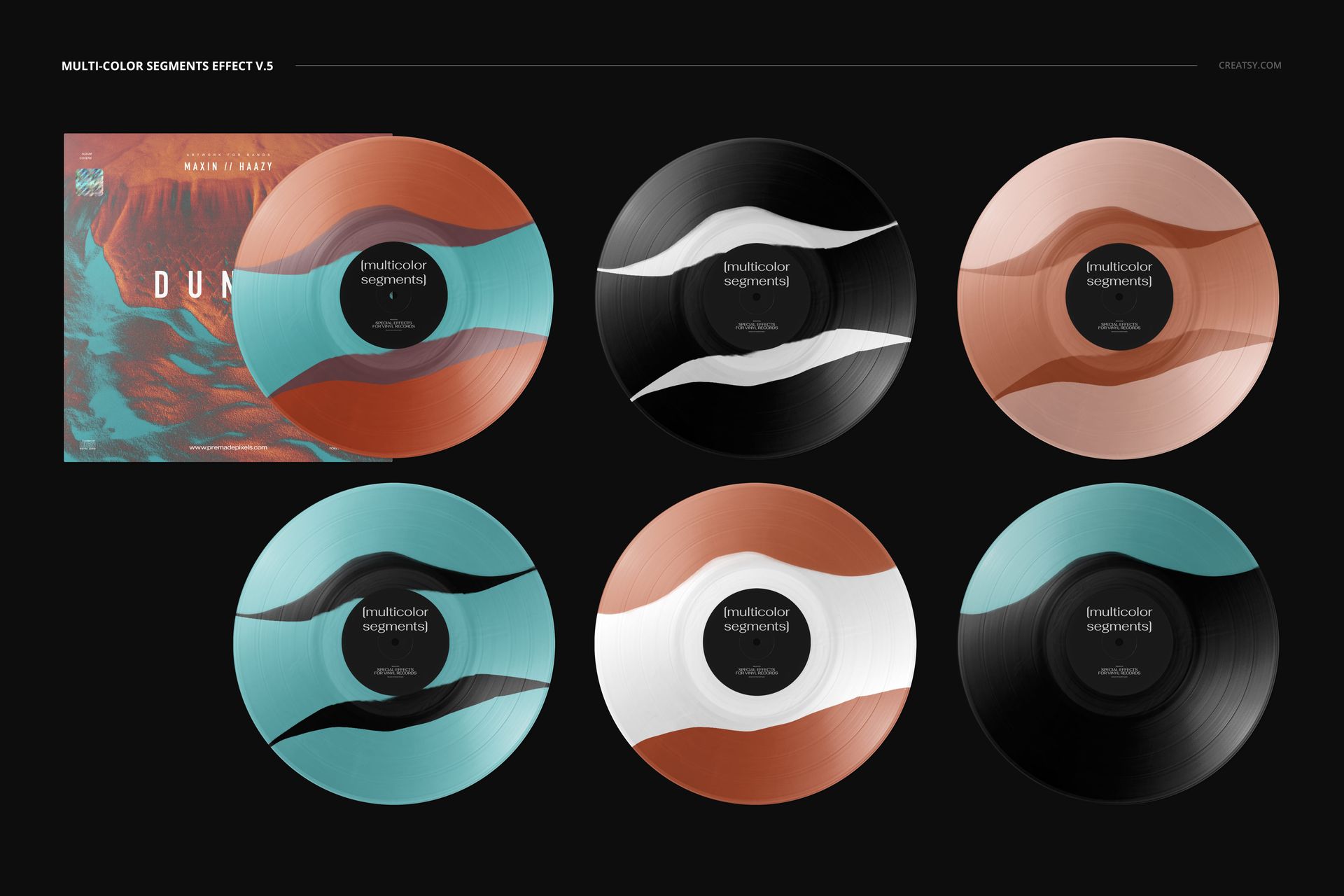 PSD mockup displaying six vinyl records featuring abstract multicolor designs, accompanied by a coordinating record sleeve.