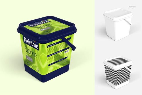 Mockup of a square plastic paint bucket featuring a green patterned label, navy lid, and handle, front perspective.