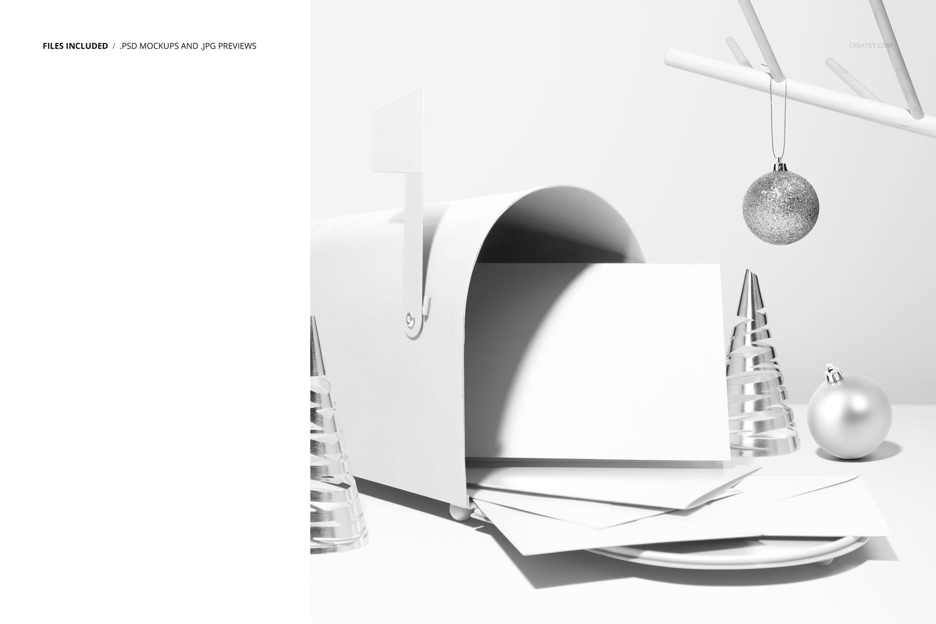 White mailbox mockup with holiday cards, silver baubles, and cone-shaped Christmas trees on a bright background.