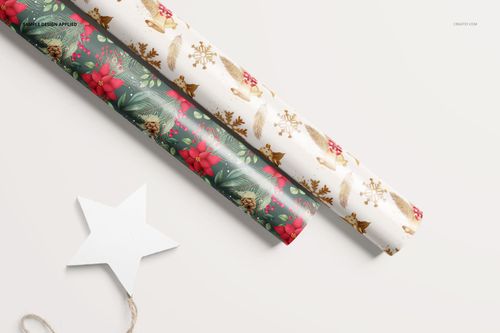 Gift wrapping paper mockup featuring two rolls with Christmas-themed prints, displayed on a light background.