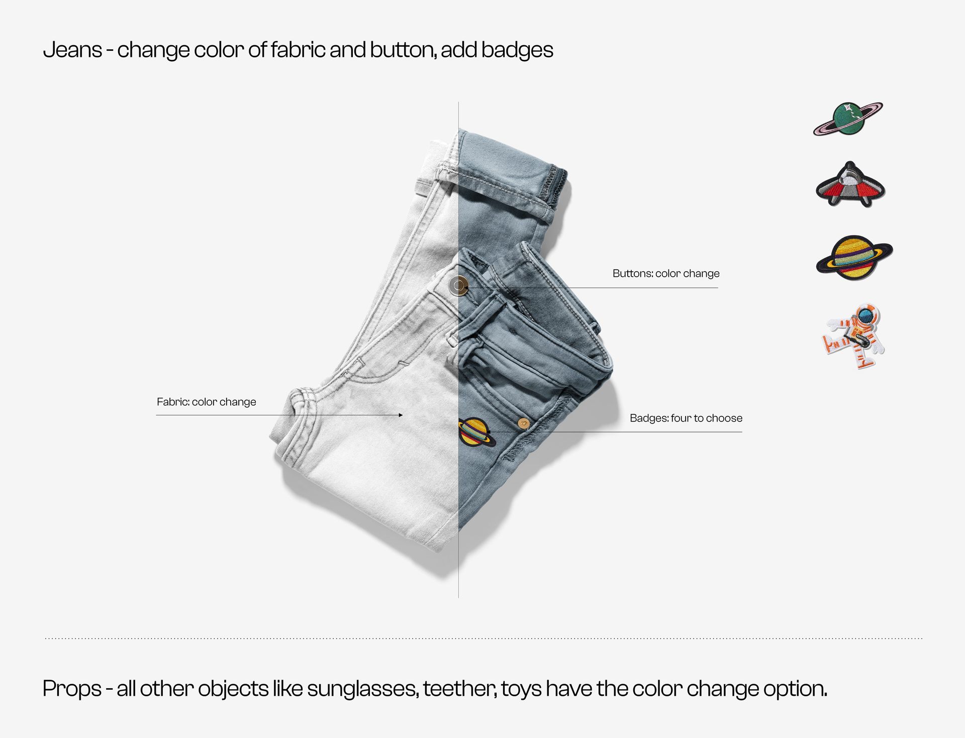 Mockup showing jeans with adjustable fabric and button colors, decorated with planet and rocket badges on a white background.