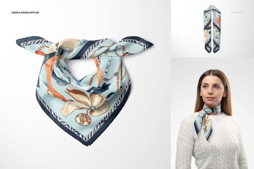 Silk scarf mockup featuring a soft blue background, floral accents, and chain motifs, displayed in three perspectives.