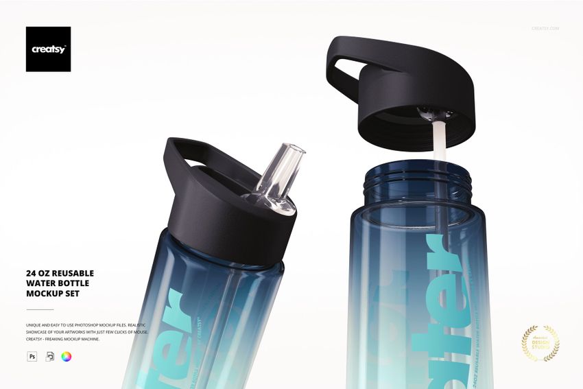 Front view of a 24 oz reusable water bottle PSD mockup set featuring blue gradient bottles and black lids.