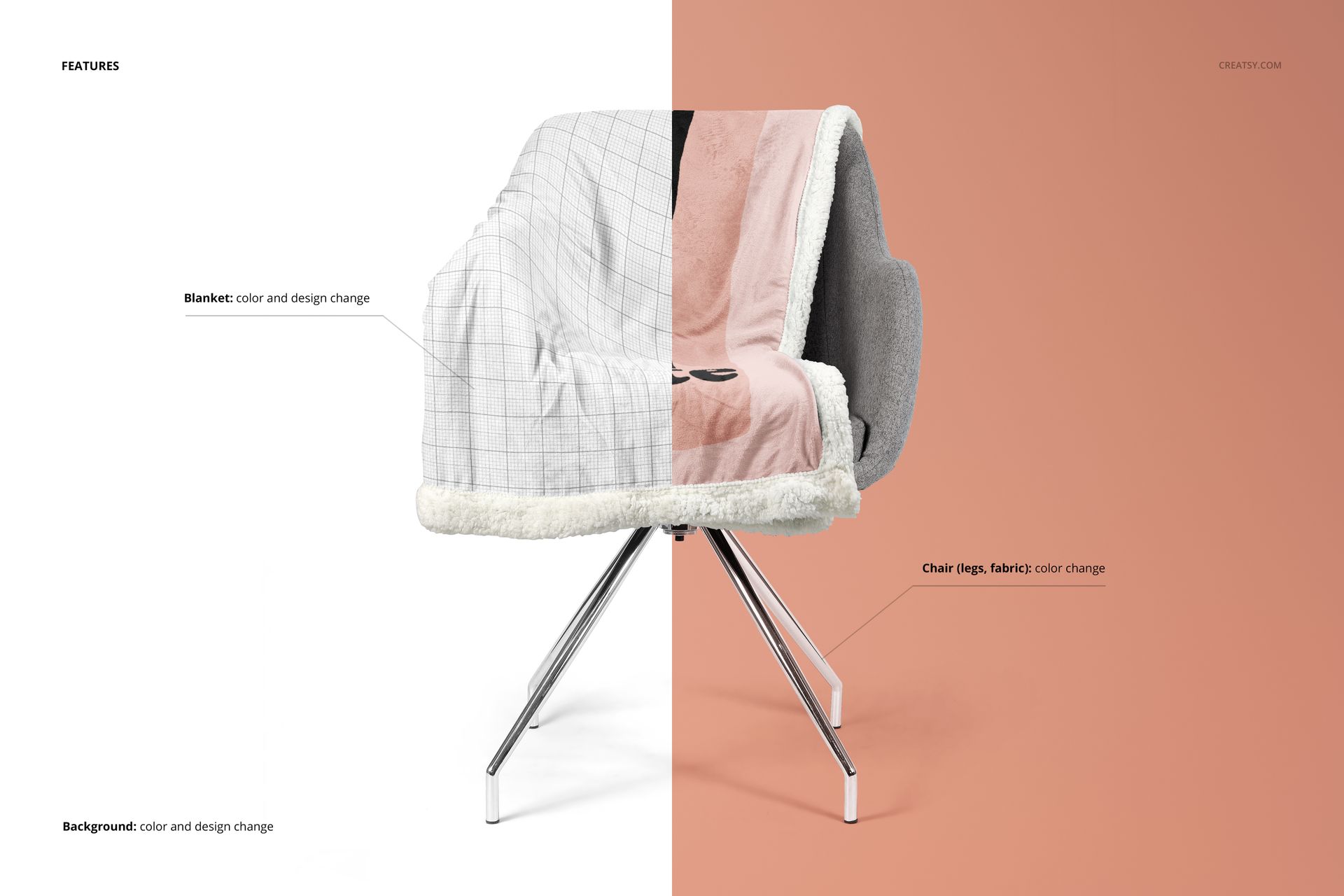 PSD mockup of a sherpa blanket on a contemporary chair, showing both a checkered and a plain pink section.