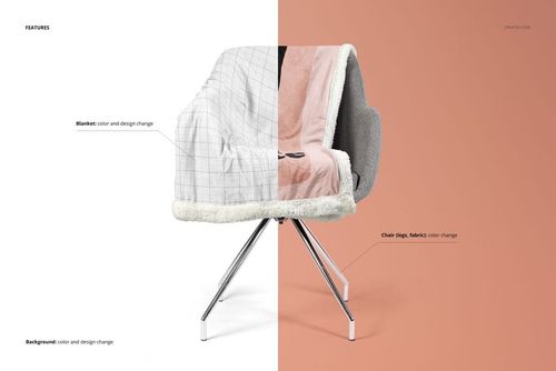 PSD mockup of a sherpa blanket on a contemporary chair, showing both a checkered and a plain pink section.