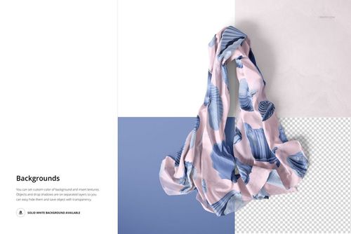 PSD mockup of a chiffon silk scarf with soft pink and blue leaf designs, arranged loosely on a geometric background.