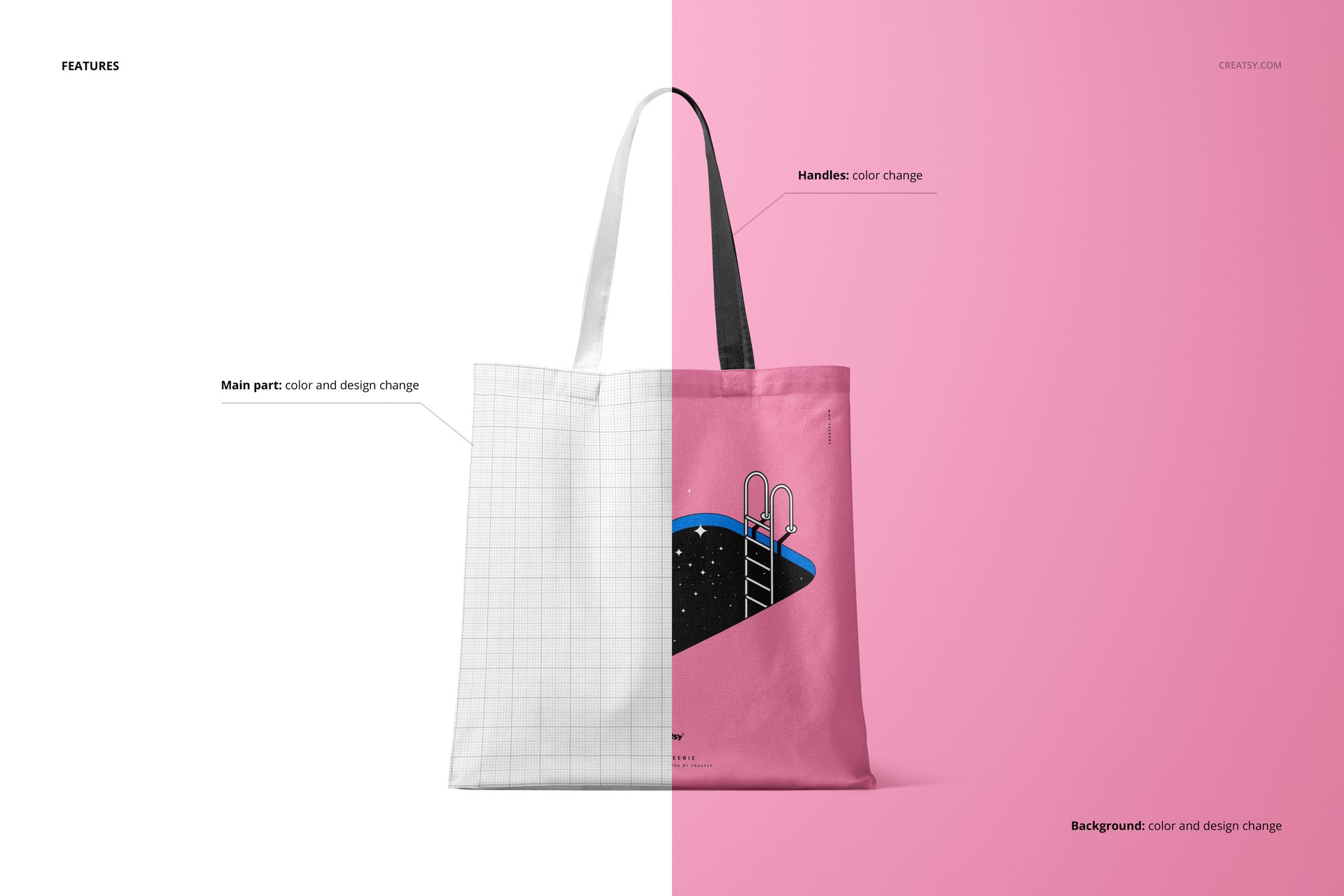 Front view of a tote bag mockup with a split design, featuring a white grid pattern on the left and a pink pool illustration on the right.