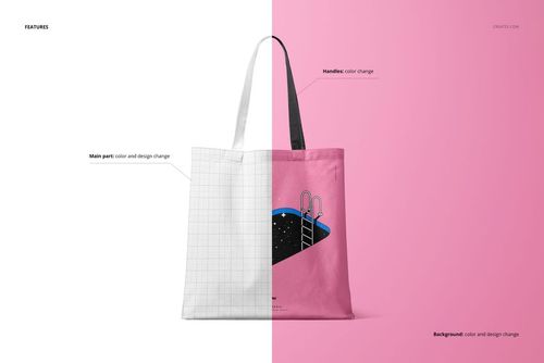 Front view of a tote bag mockup with a split design, featuring a white grid pattern on the left and a pink pool illustration on the right.