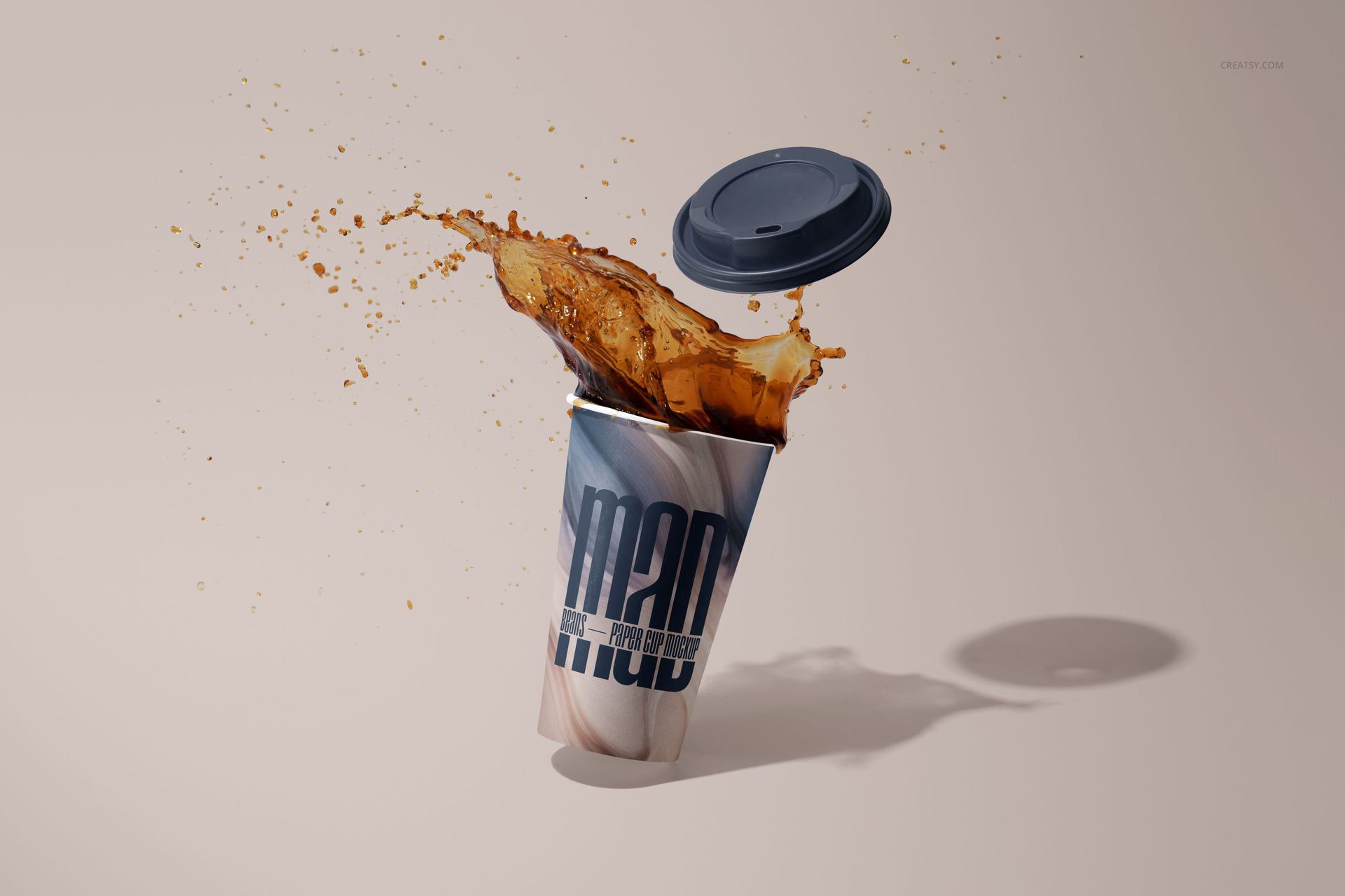 Dynamic mockup of a paper cup with dark lid, coffee spilling out in a dramatic splash, studio lighting and shadow.