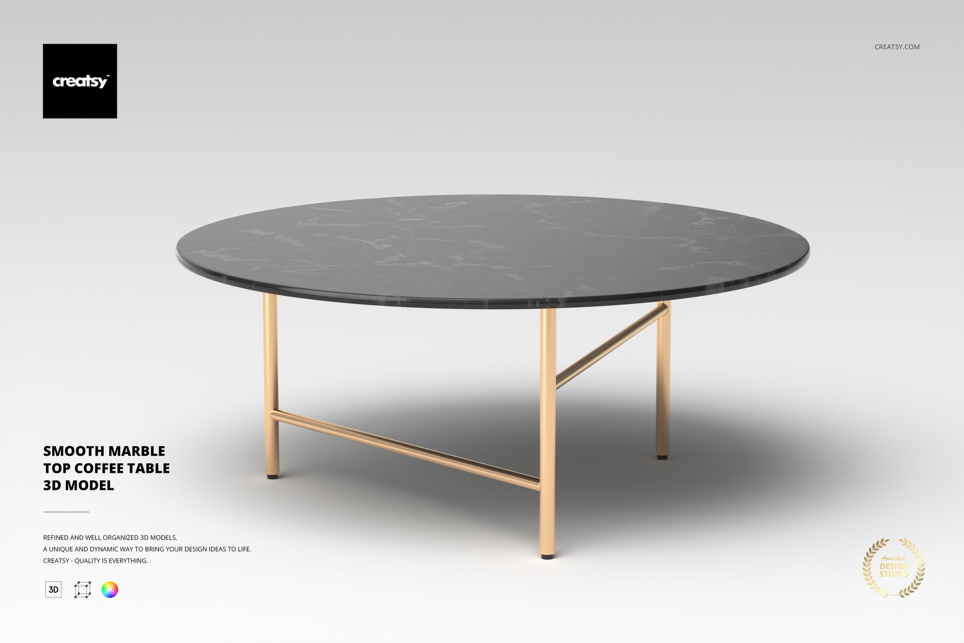 Round coffee table with a smooth black marble top and gold metal legs, shown from a front angle on a light background.