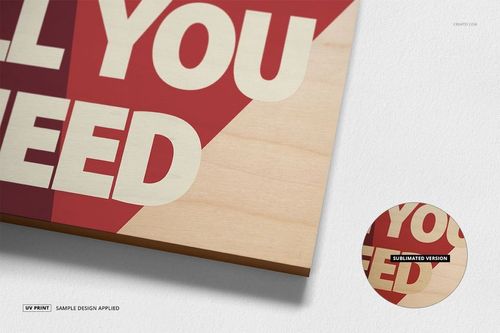 Wood plaque wall art mockup showing a close-up of a rectangular plaque with bold cream text on a red geometric background.