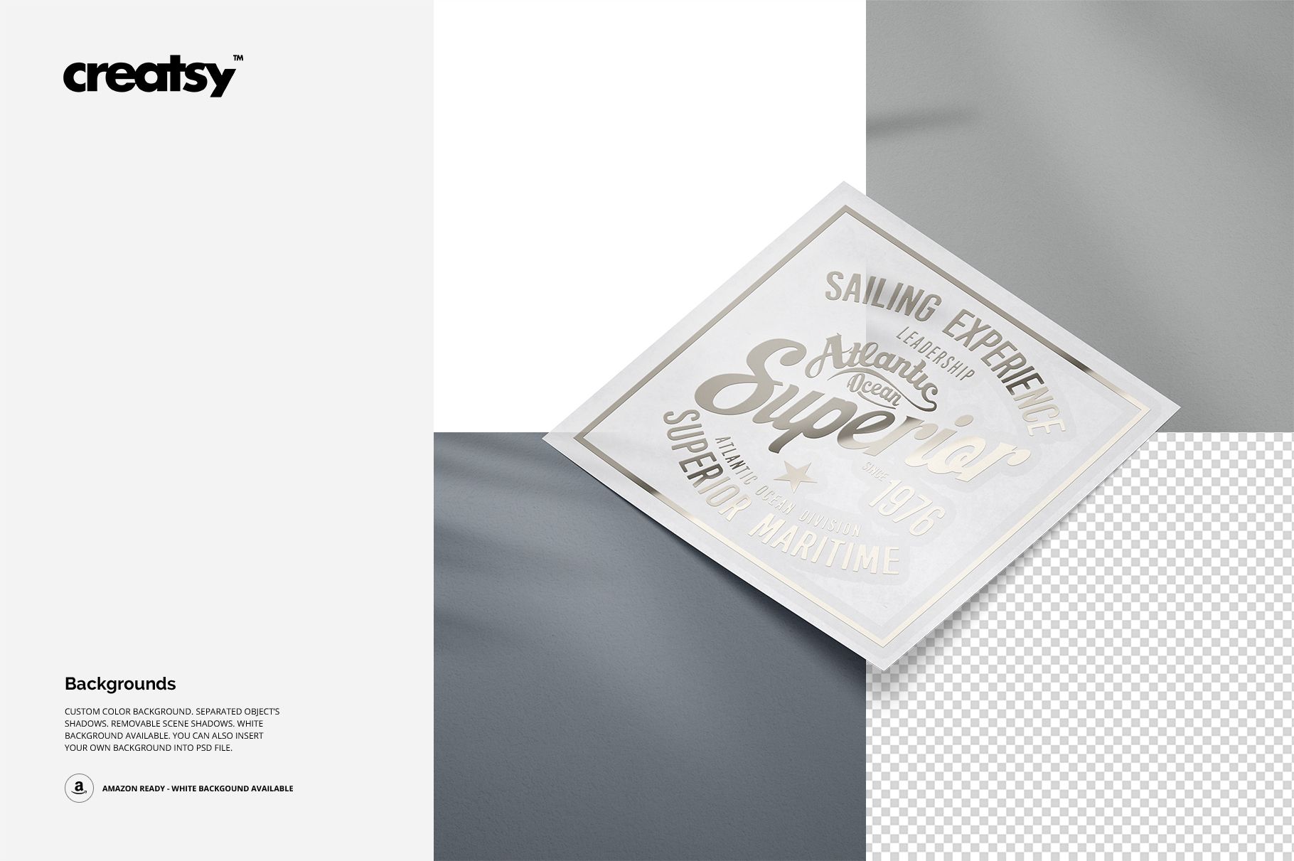 Square decal sticker mockup with metallic gold design, shown on a gray background with transparent area.