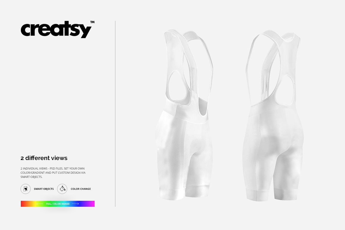 White bib shorts mockup shown in two views, front and back, isolated on a plain light background.