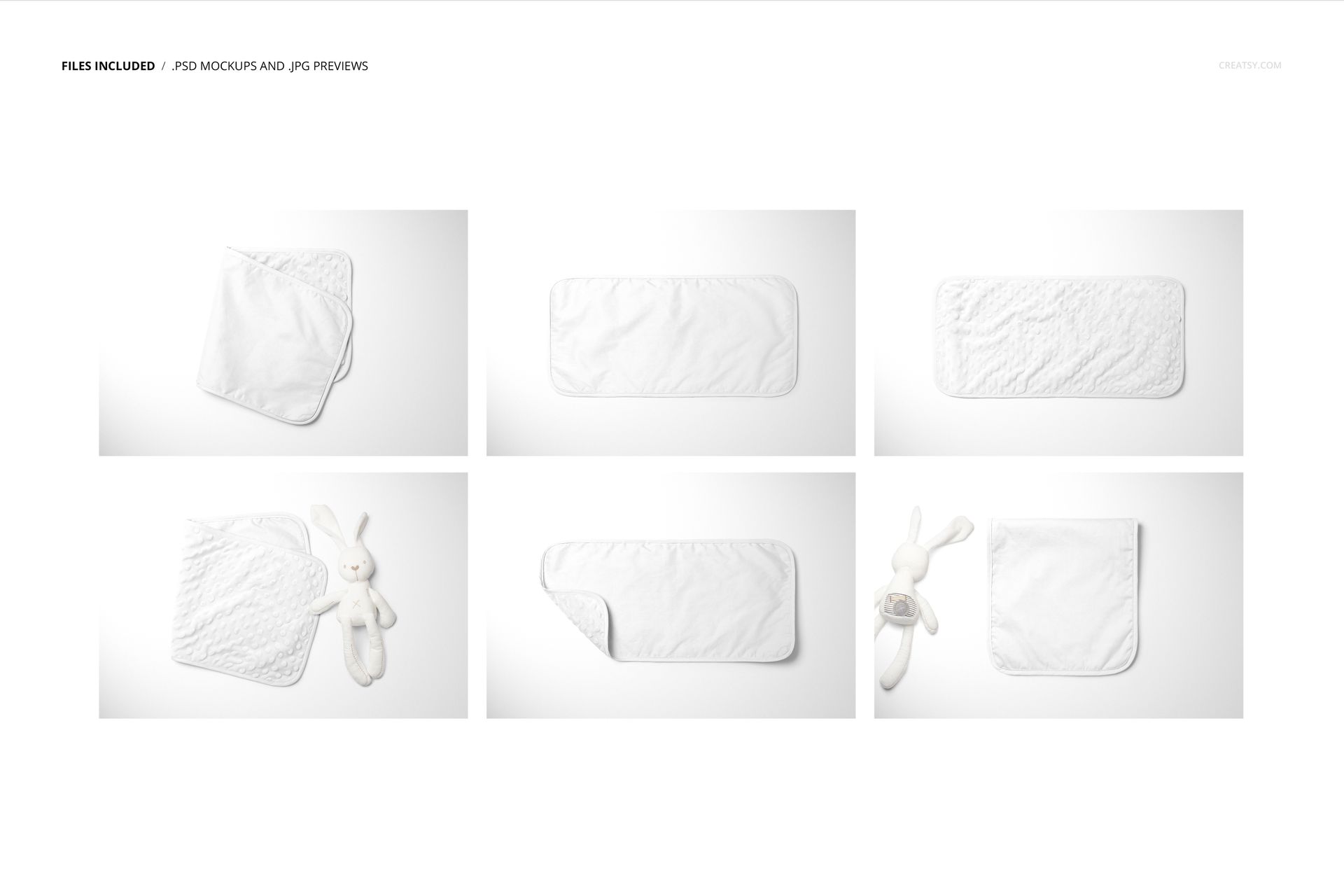 Set of six minky burp cloth mockups in various shapes and arrangements, shown on a white background with a plush bunny toy.