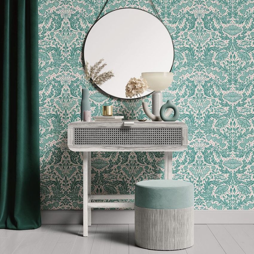 Dressing table mockup featuring a white vanity with a round mirror, decorative vases, and a patterned green wallpaper.