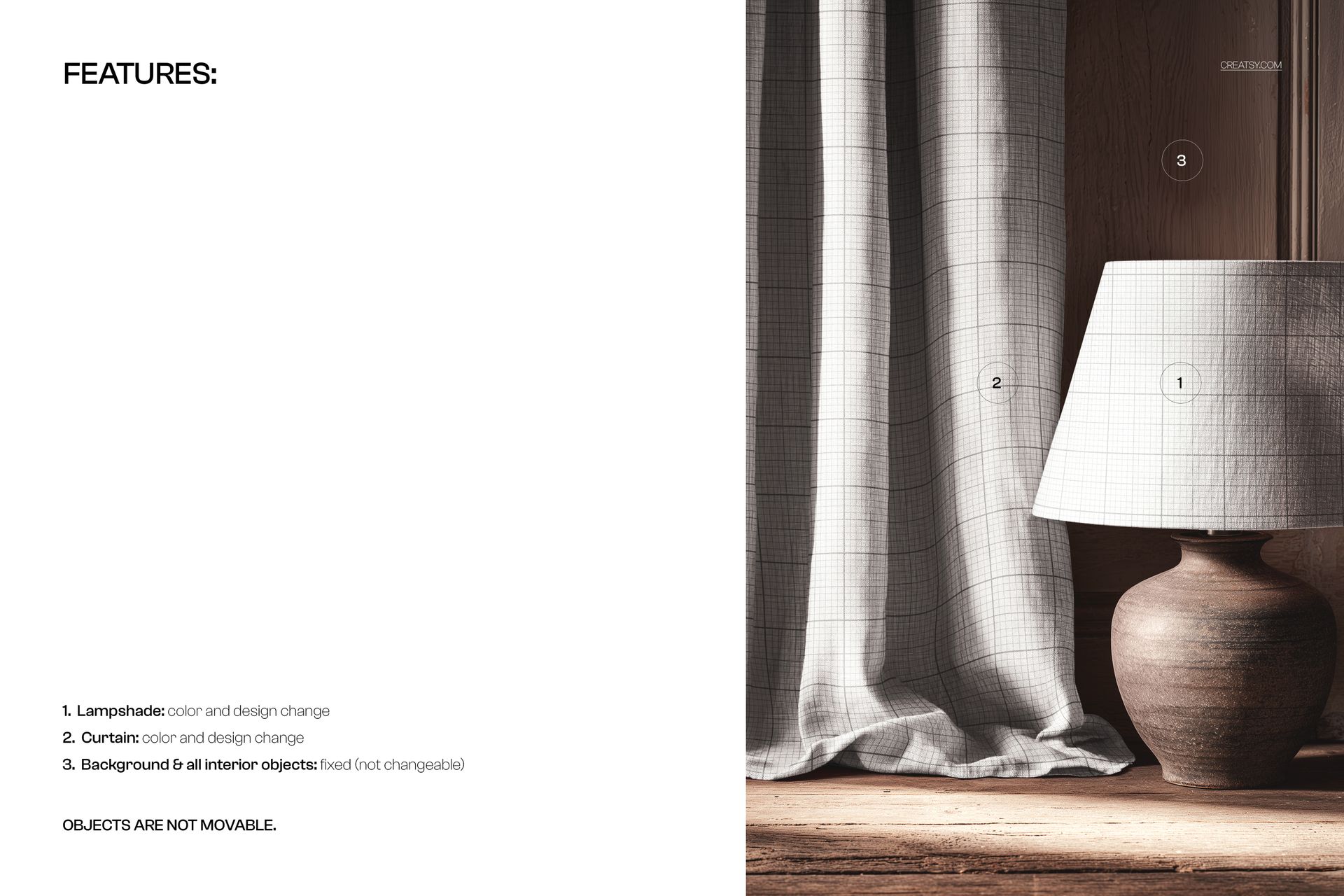 Front view of a curtain and table lamp mockup with a neutral color palette, wooden surface, and textured background.