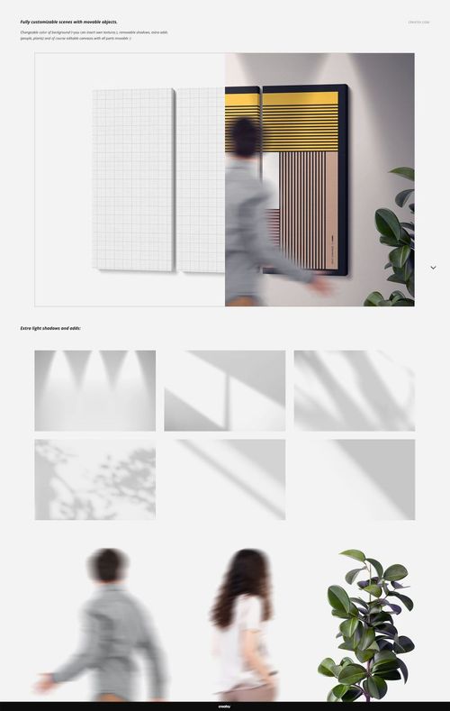 Split canvas print mockup showing two rectangular canvases with abstract designs, viewed from the front with people and a plant in the scene.