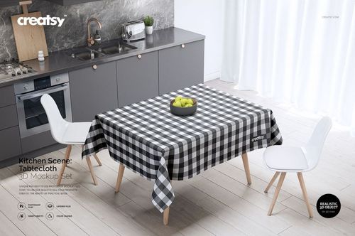 PSD mockup of a dining table covered with a checkered tablecloth, fruit bowl centerpiece, minimalist kitchen setting.